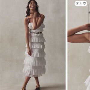 BHLDN Strapless Tiered Ruffle Lace Midi Dress
